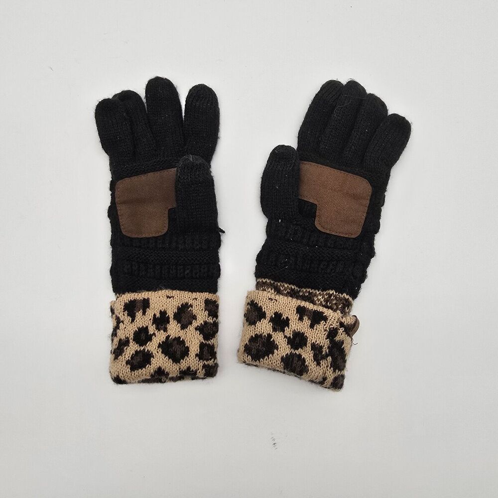 CC Exclusive Gloves Womens Black Leopard Cheetah Fleece Fur Lined Touch Screen